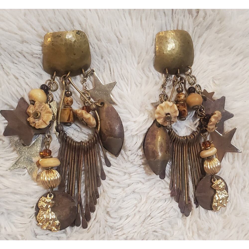 Vintage Pierced Earrings Dangle Multi Strand Beads Boho Bohemian Hippie Gypsy - Picture 3 of 4
